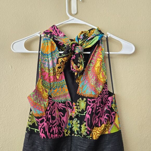 TRINA TURK Ibis Silk Scarf Halter Sheath Dress Black Vibrant Multicolor Size 2 - Picture 9 of 16
